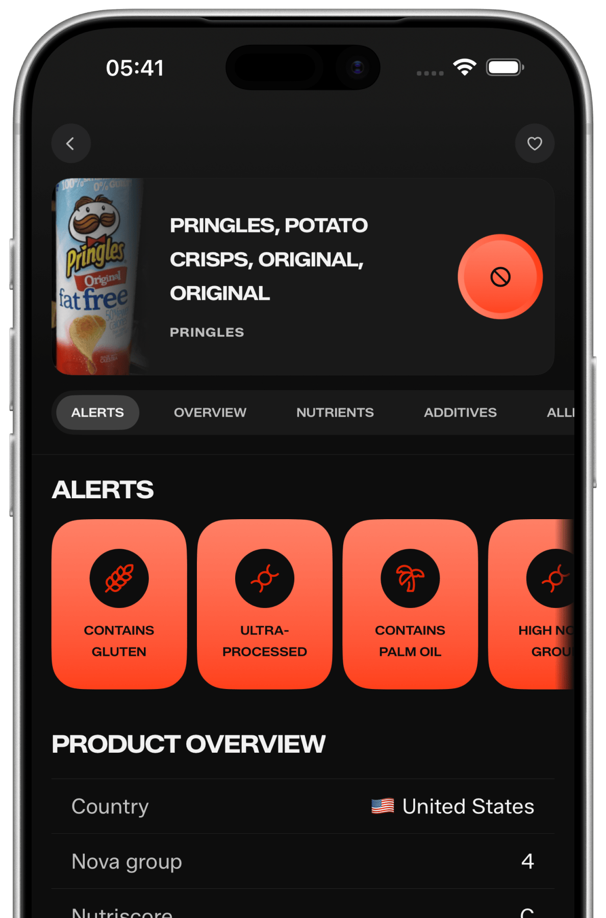 KaLens product review screen showing Pringles alerts, score, tabs, and product overview.