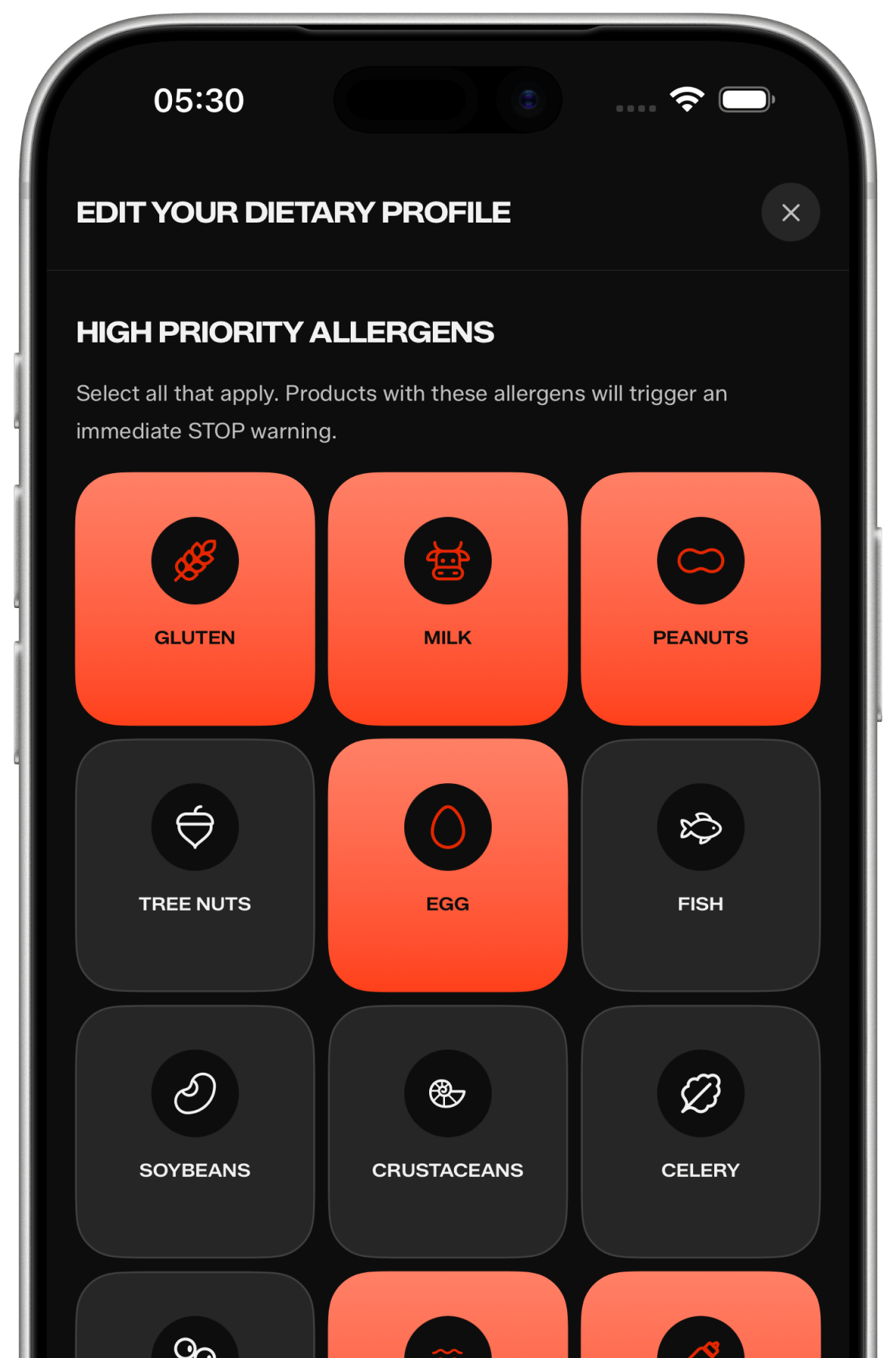 KaLens dietary profile screen with high priority allergen selections.