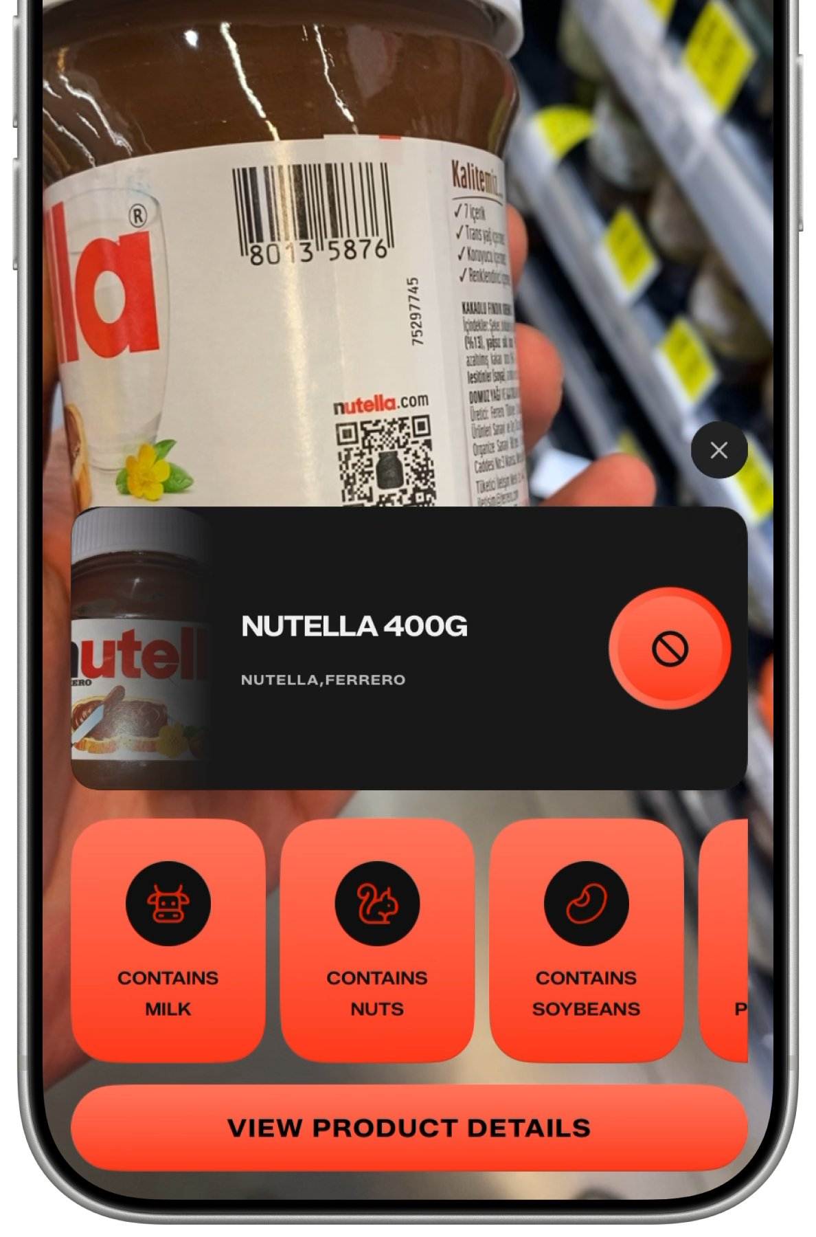 KaLens barcode scanning preview with product alerts.