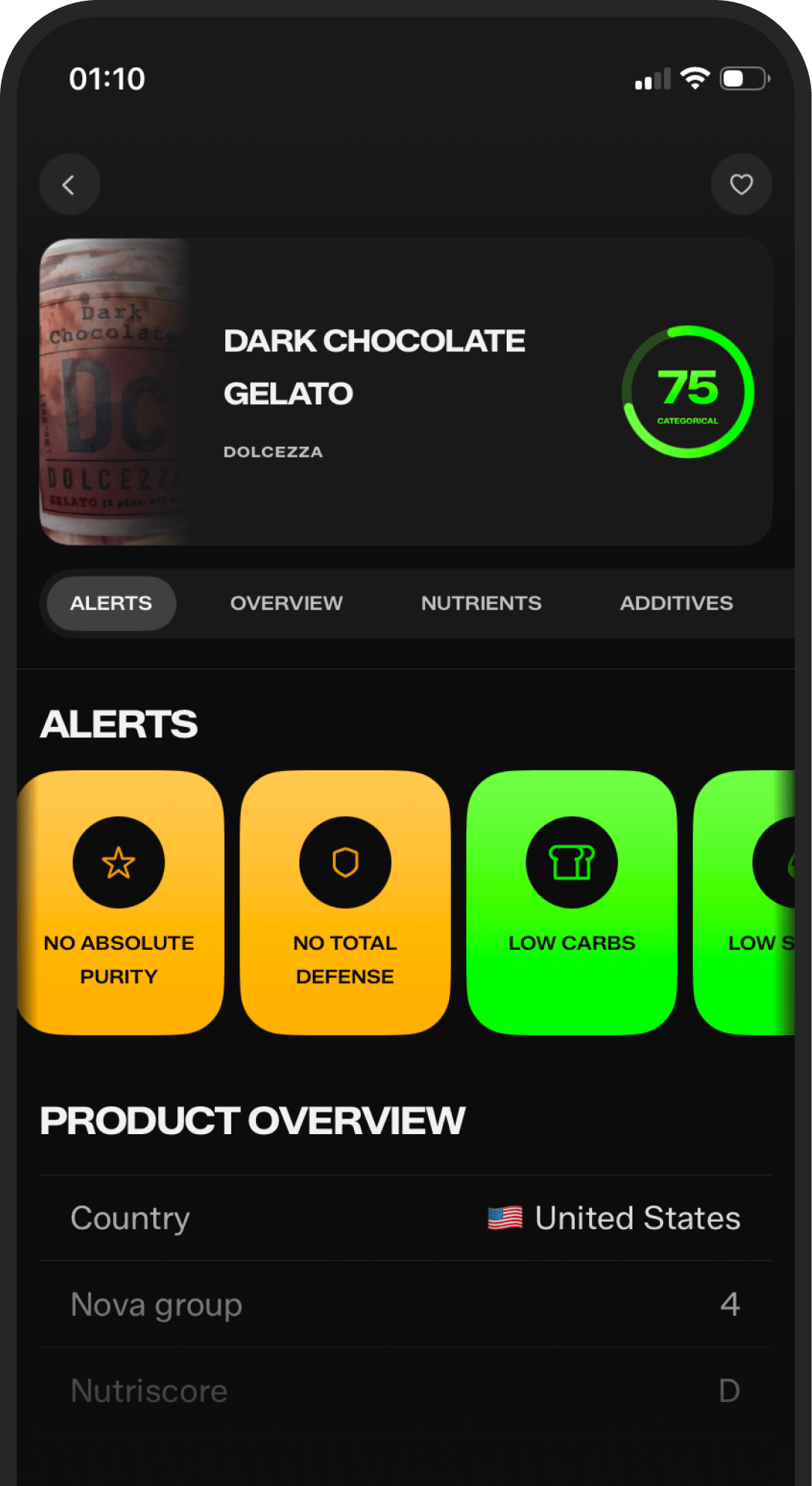 KaLens product report for dark chocolate gelato showing its score, alerts, and overview.