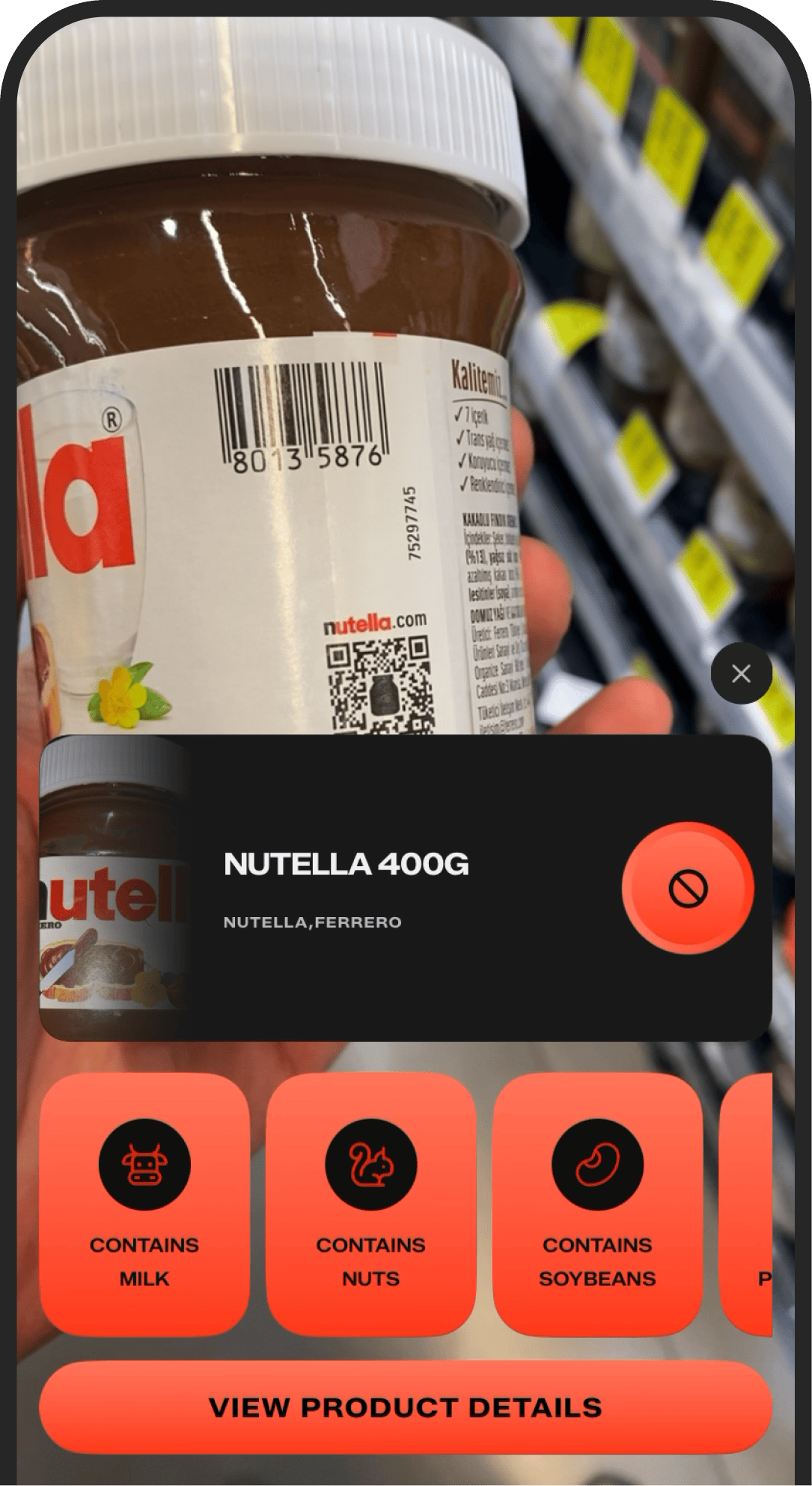 KaLens camera scanner identifying a jar of Nutella and displaying ingredient alerts.