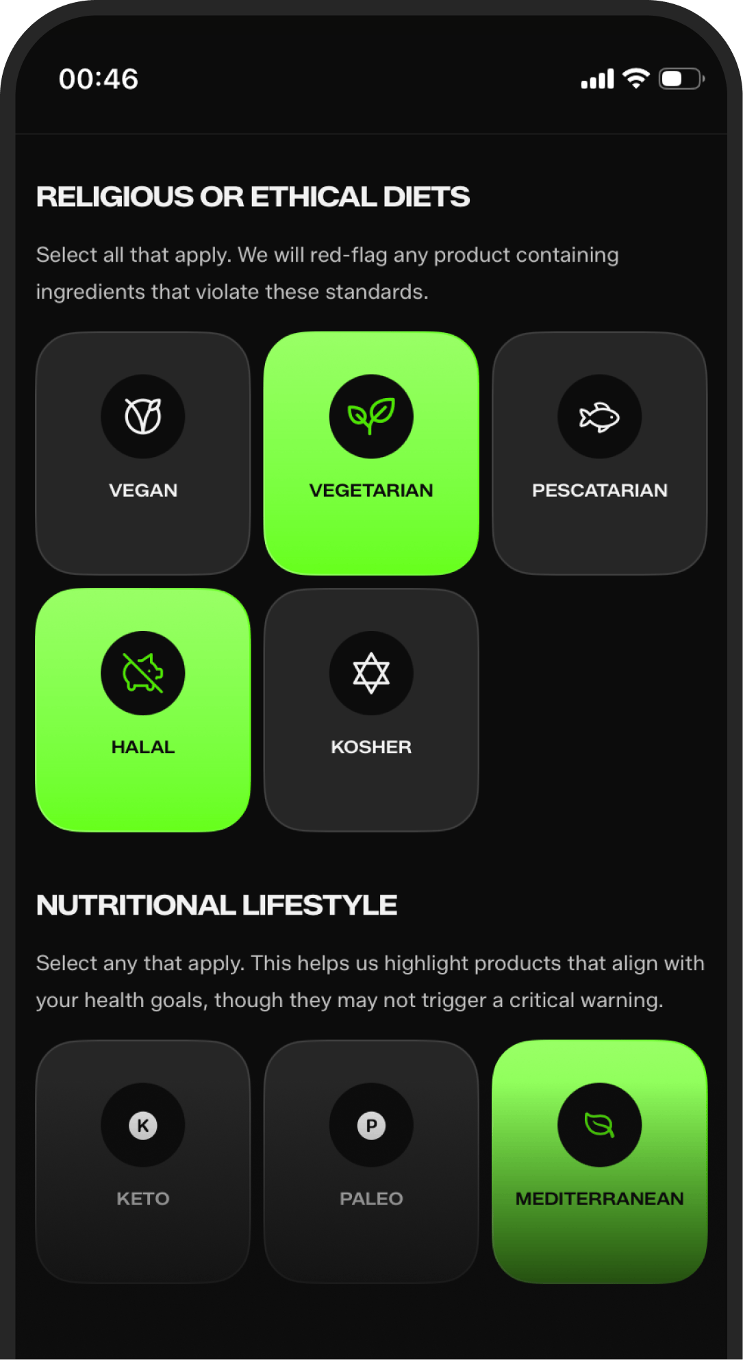 KaLens dietary settings with vegetarian, halal, and Mediterranean preferences selected.