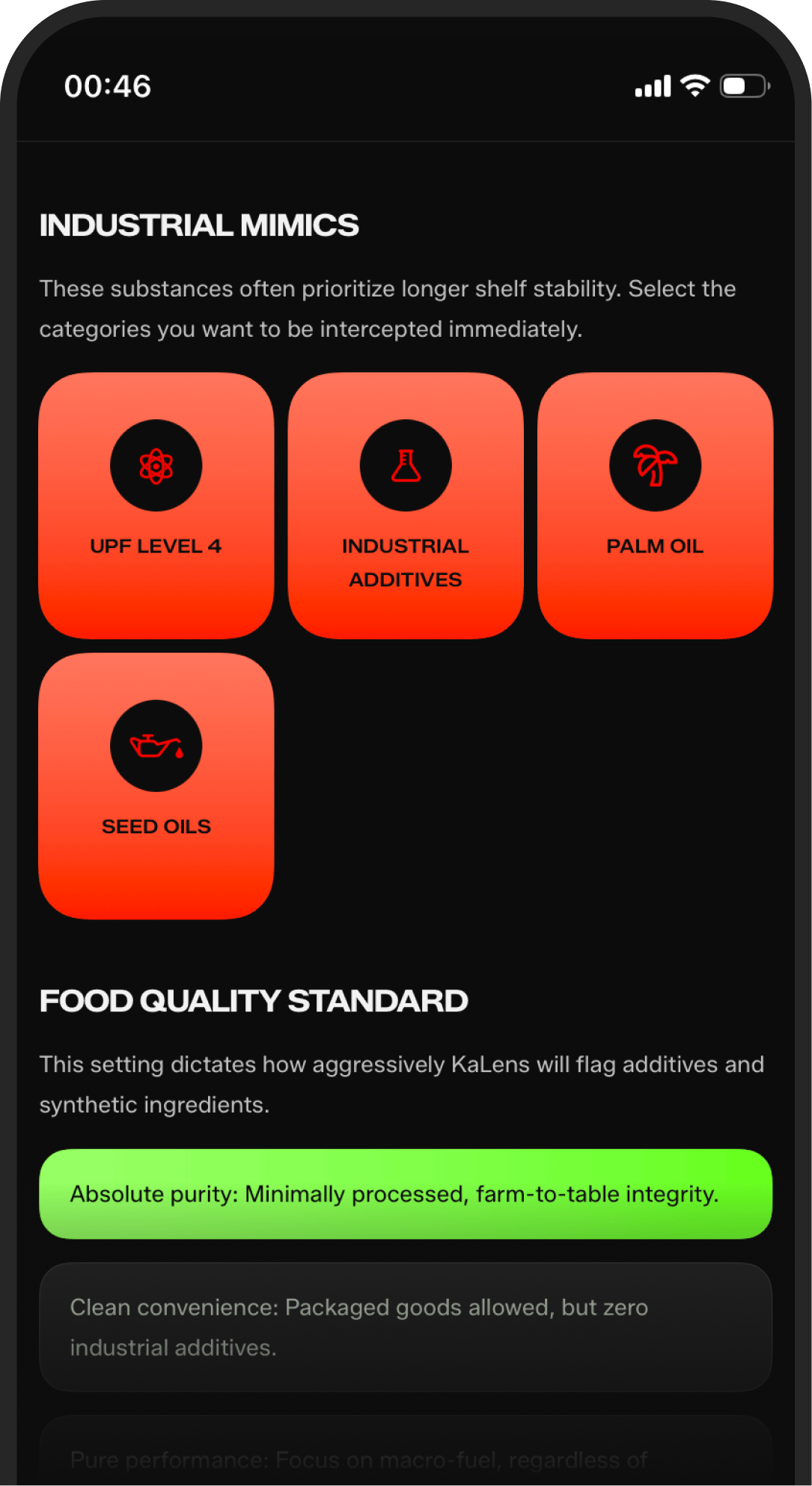 KaLens industrial ingredient and food quality settings.