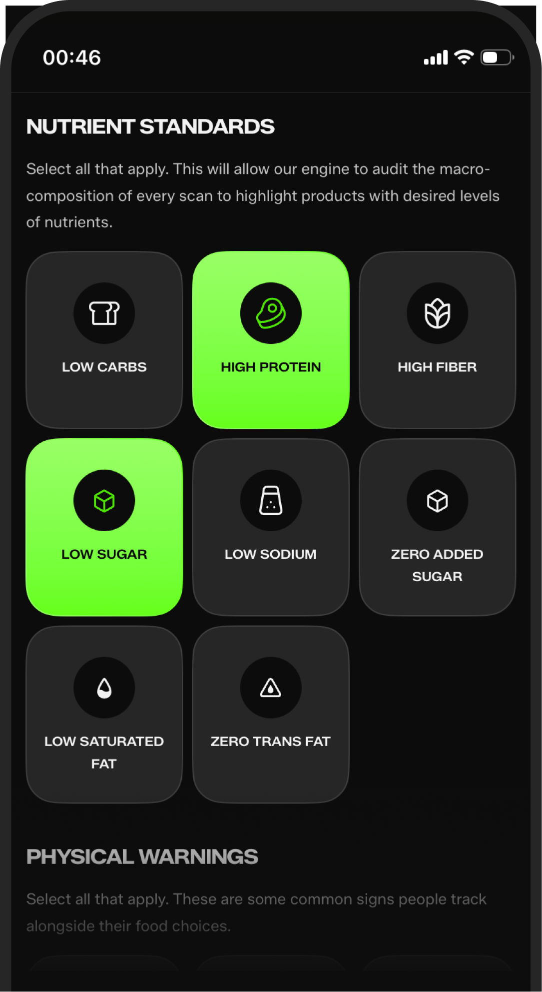 KaLens nutrient standards with high protein and low sugar selected.