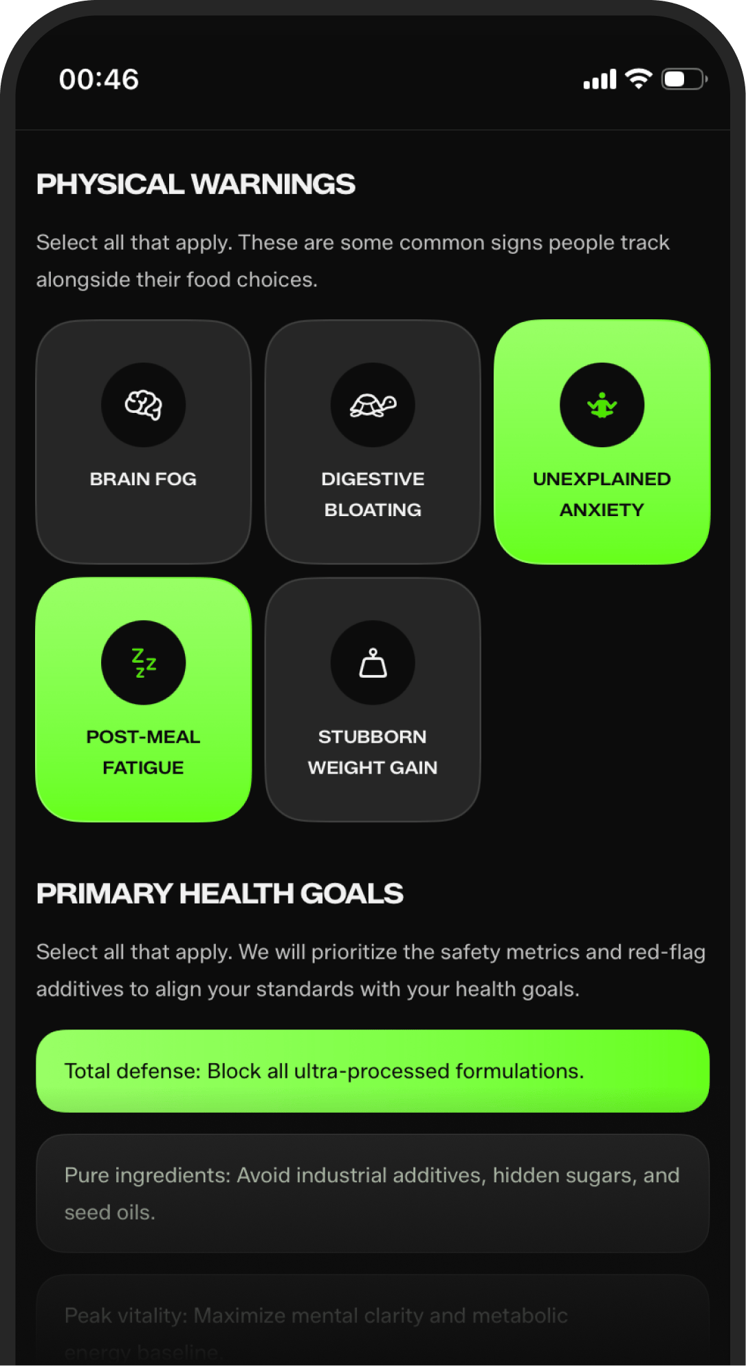 KaLens physical warning and primary health goal settings.